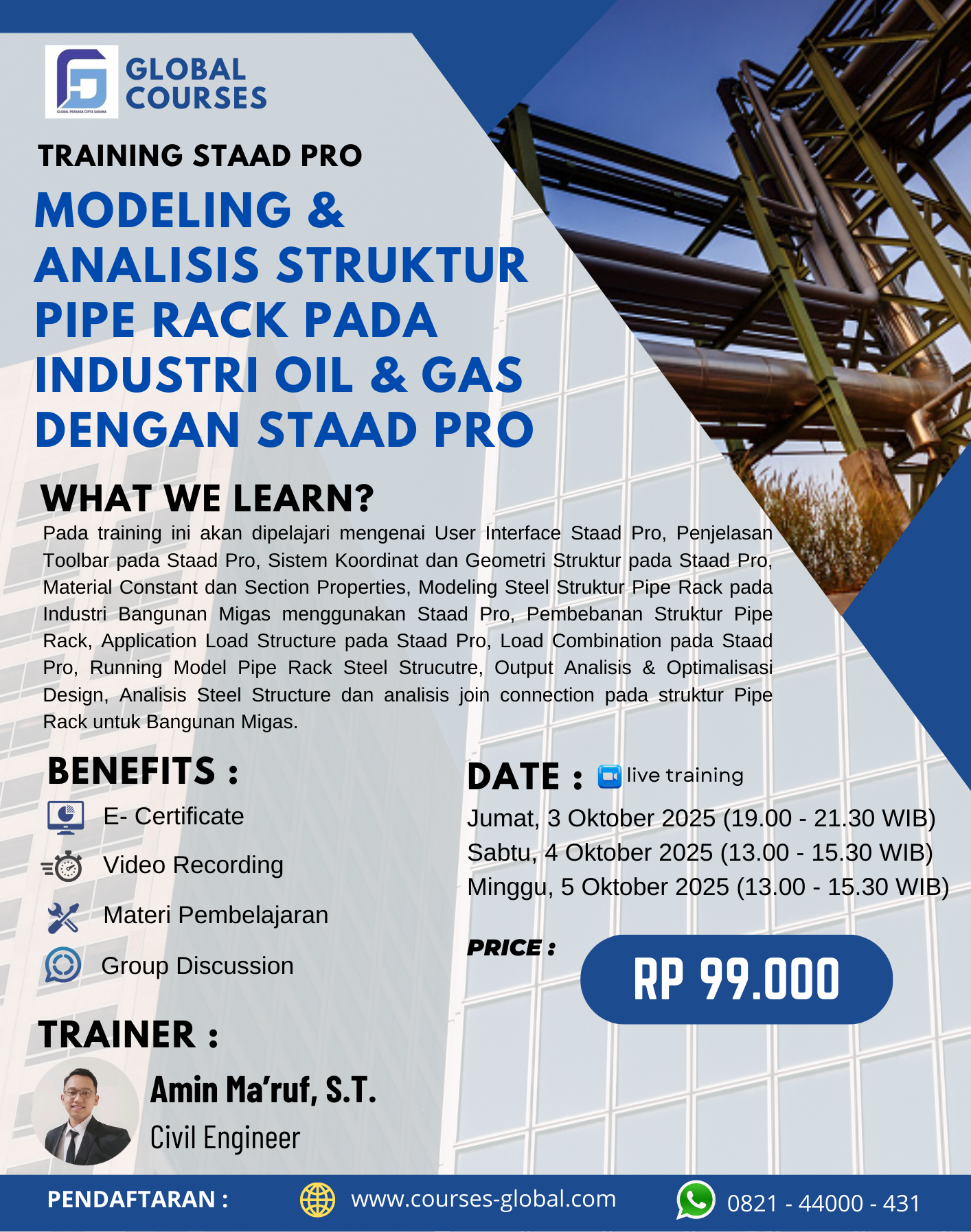 TRAINING STAAD PRO – MODELING &  ANALISIS STRUKTUR PIPE RACK PADA INDUSTRI OIL & GAS