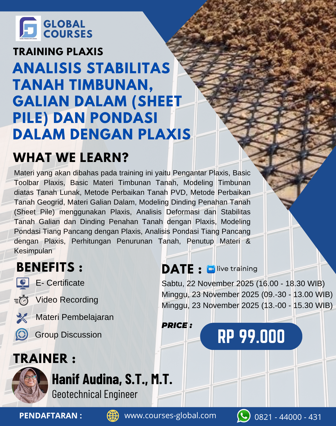 TRAINING PLAXIS – ANALISIS STABILITAS TANAH TIMBUNAN, GALIAN DALAM (SHEET PILE) DAN PONDASI DALAM DENGAN PLAXIS
