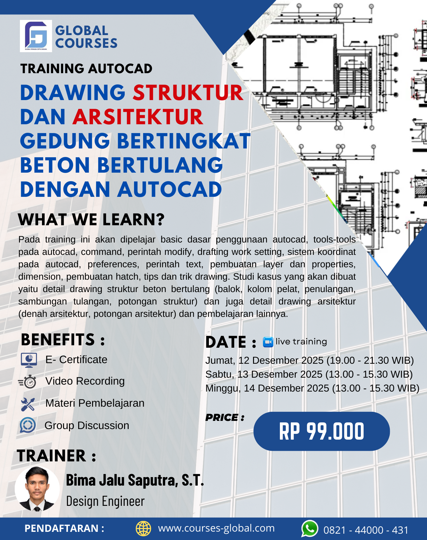 TRAINING AUTOCAD – DRAWING STRUKTUR DAN ARSITEKTUR GEDUNG BERTINGKAT BETON BERTULANG DENGAN AUTOCAD
