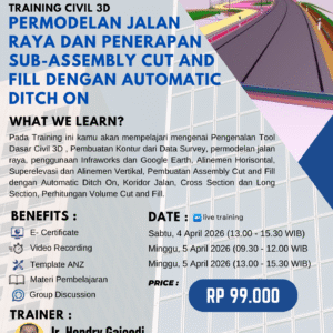 TRAINING CIVIL 3D - PERMODELAN JALAN  RAYA DAN PENERAPAN  SUB-ASSEMBLY CUT AND  FILL DENGAN AUTOMATIC  DITCH ON