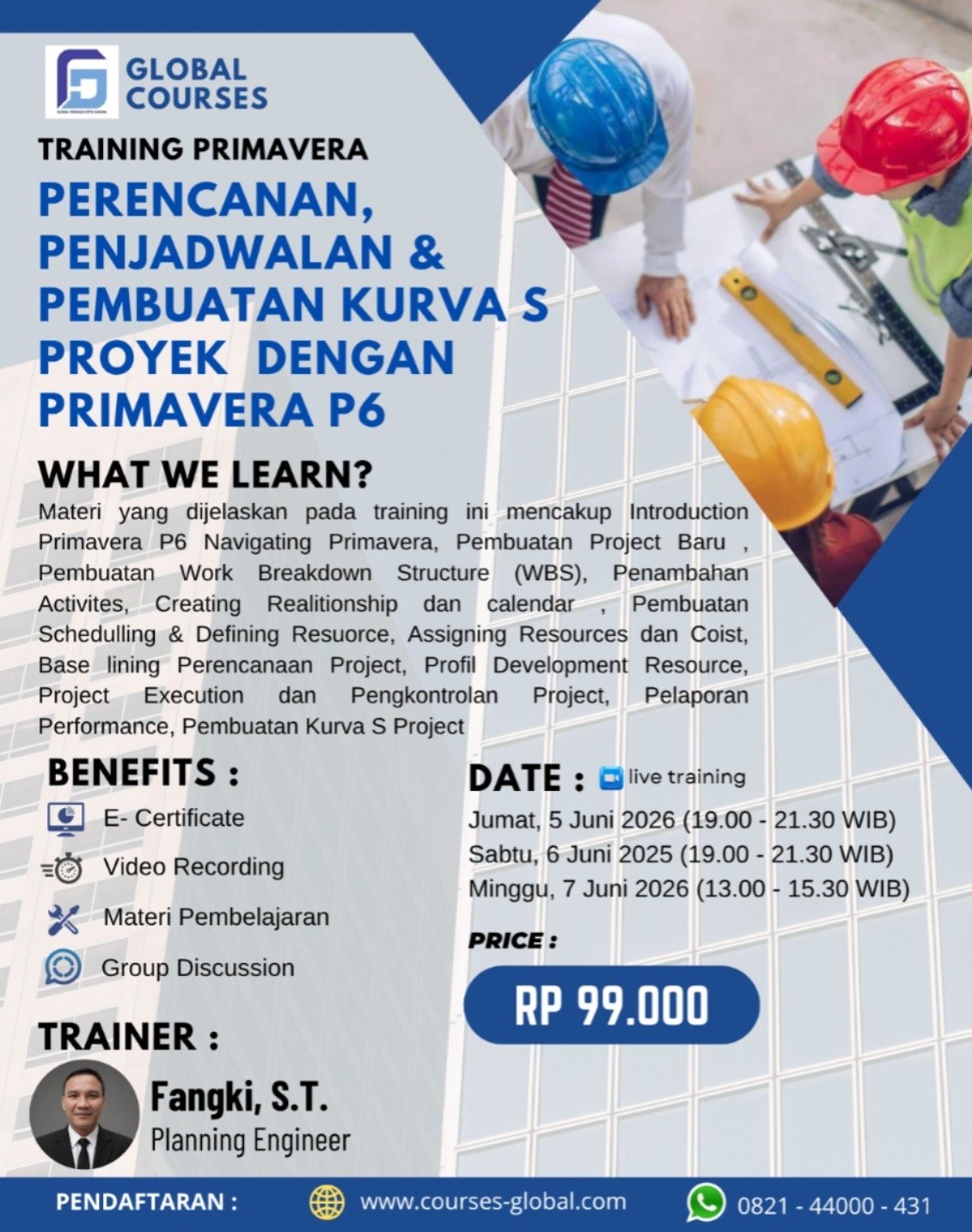 TRAINING PRIMAVERA P6 – PERENCANAN, PENJADWALAN & PEMBUATAN KURVA S PROYEK  DENGAN PRIMAVERA P6
