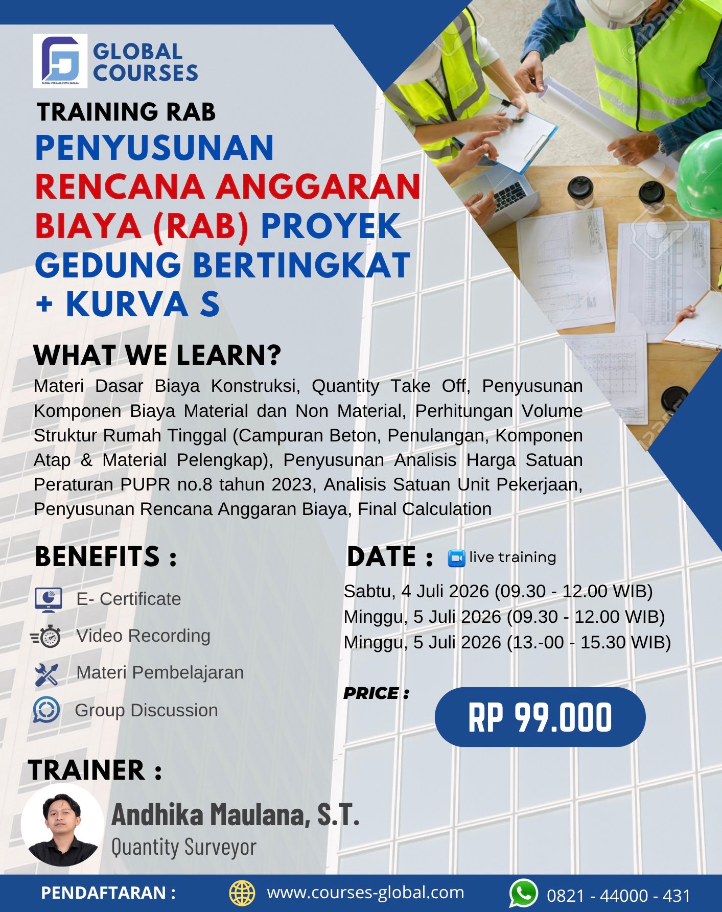 TRAINING RAB – PENYUSUNAN RENCANA ANGGARAN BIAYA (RAB) PROYEK GEDUNG BERTINGKAT + KURVA S